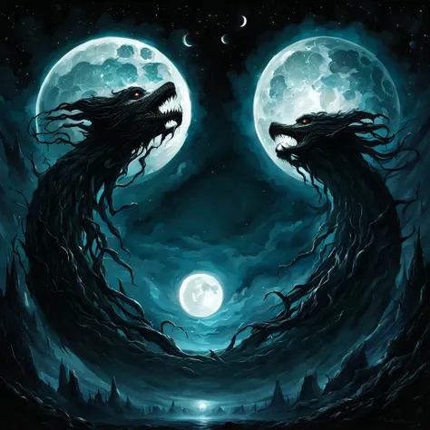 The moons in the sky are Aedra divine beings two large bright shinning moons and one darker shadow moon, in  Phyrexian Horror art style