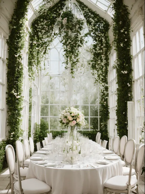 wedding table, inside orangery, white table, spring flowers, vase, picture postcard, dramatic lighting, cinematic, perfect