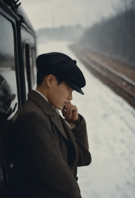 Japan&#39;s 1960s、A 17-year-old boy sticks his head out the window of a steam locomotive and looks at the snow.、short-haired、student clothes、steam train