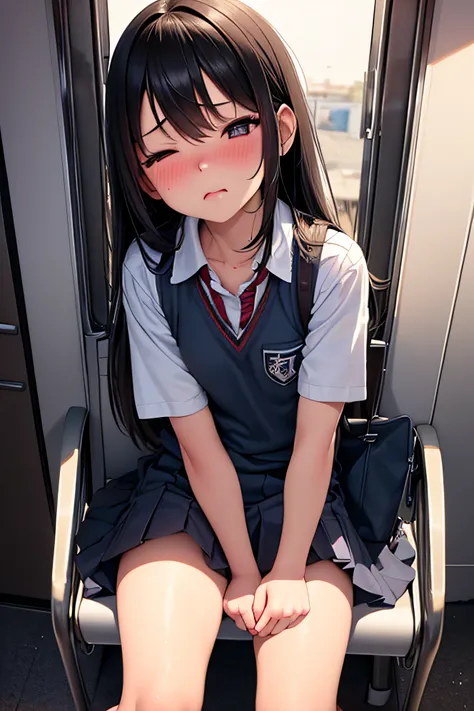 superfine illustration, Perfect Anatomy, Best Quality, Hires, amazing shading, Beautiful skin, 1 little girl, nose blush, Saliva, Ecstasy,  Close eyes, ,School Uniforms ,  Full body, SEX, Yor, touches crotch, (Rubbing the crotch with your hands:1.2),By tra...