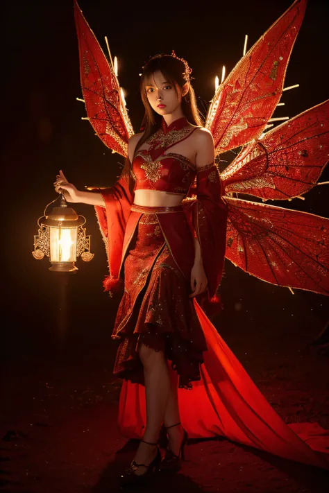 Broken Winged Dragon Angel，Clothes with intricate details，Red is very festive，Has a warming effect，Furry cuffs，There are fireworks behind，with a lantern in hand，There are exquisite embroideries on the shoes and skirts，And the overall clothes are thick and ...