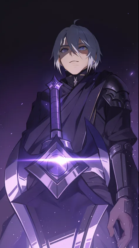 personagem de anime com espada e armadura na frente de um fundo roxo, Retrato de Thancred, estilo de arte arcano, foto de perfil 1024px, Arcanista das Trevas, vestindo armadura roxa escura, purple glowing core in armor, crisp clear rpg portrait, Hajime Yat...