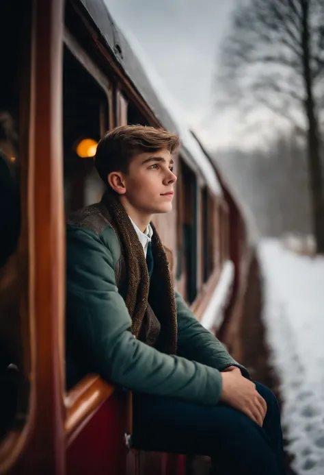 A 17-year-old boy sticks his head out of the passenger seat window of a steam locomotive and looks out at the snowy landscape all around him.、short-haired、muffler、student clothes、steam locomotive steam、