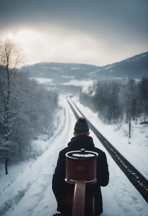 A 17-year-old boy sticks his head out of the passenger seat window of a steam locomotive and looks out at the snowy landscape all around him.、short-haired、muffler、student clothes、steam locomotive steam、