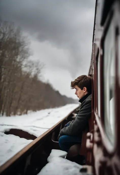 A 17-year-old boy sticks his head out of the passenger seat window of a steam locomotive and looks out at the snowy landscape all around him.、short-haired、muffler、student clothes、steam locomotive steam、