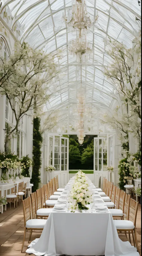 wedding table, inside orangery, white table, spring flowers, vase, picture postcard, dramatic lighting, cinematic, perfect