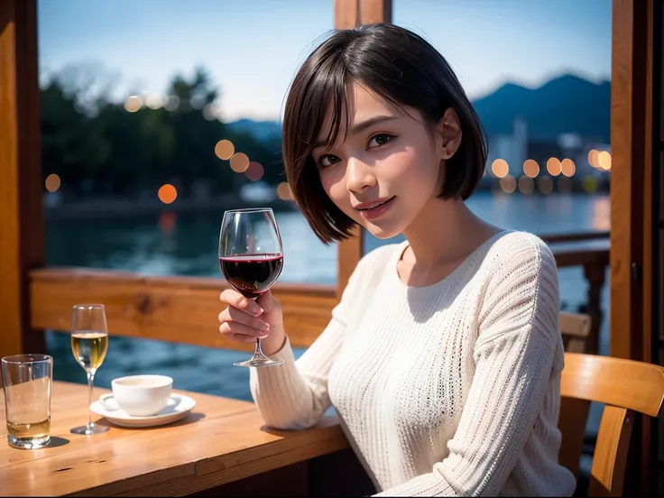 (64k uhd、nffsw、top-quality、​masterpiece:1.2)、(realisitic、Photorealsitic:1.37)、ultra-detailliert、1 pretty lady、(Slim Faces)、(Slim body)、（brawn hair）、(short-cut)、Americana、blush a little on the cheeks、(52yo)、45 yers old、red wine、Beautiful detailed urban nigh...