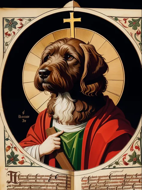 medieval church art, brown labradoodle as christ pantocrator, medieval manuscript, (head is that of a brown labradoodle:1.3), on...