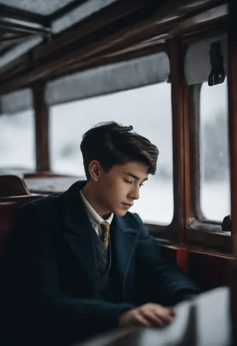 A 17-year-old boy sticks his head out of the passenger seat window of a steam locomotive and looks out at the snowy landscape all around him.、short-haired、muffler、student clothes、steam locomotive steam、Japan&#39;s 1960s、