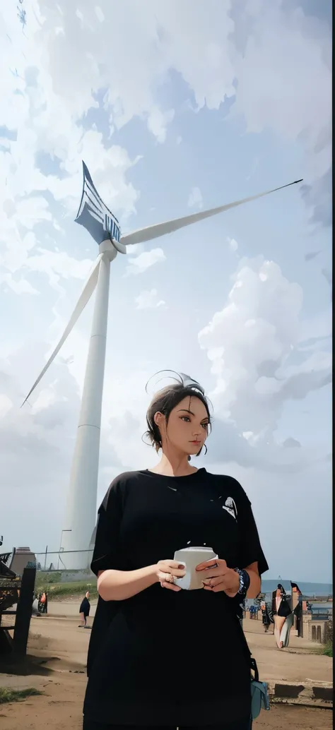 Beautiful woman in black T-shirt with huge windmill under blue sky and white clouds