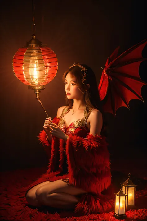 Broken Winged Dragon Angel，Clothes with intricate details，Red is very festive，Has a warming effect，Furry cuffs，There are fireworks behind，with a lantern in hand，There is a kitten at my feet