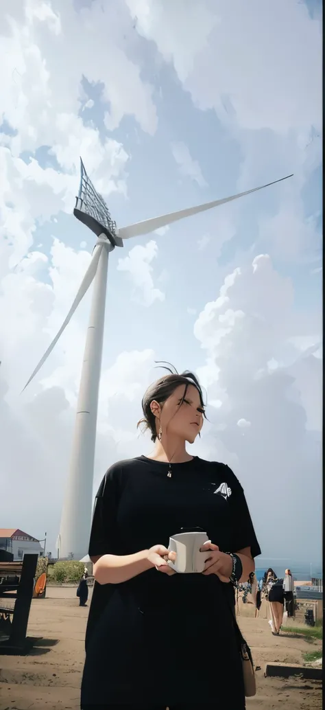 Beautiful woman in black T-shirt with huge windmill under blue sky and white clouds