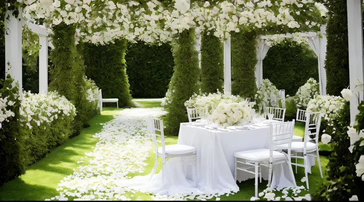 wedding table, inside garden maze, white table, spring flowers, vase, picture postcard, dramatic lighting, cinematic, perfect