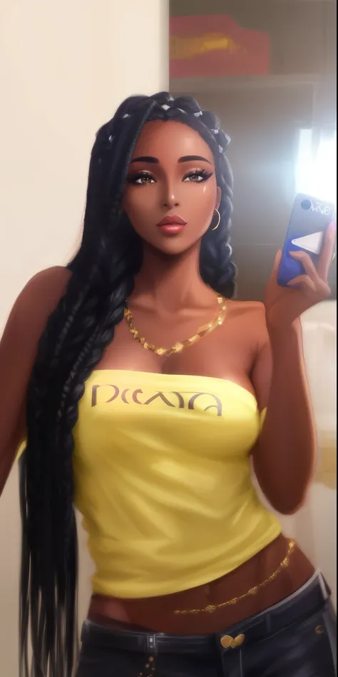 Mulher que tira uma selfie no espelho com um celular, long black braids, black hair in braids, box braids, long black braided hair, long braided black hair, deusa alta e fina e bonita, com pele parda, menina sexy com tez escura, mulher jovem negra, 2 Model...