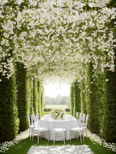 wedding table, inside garden maze, white table, spring flowers, vase, picture postcard, dramatic lighting, cinematic, perfect