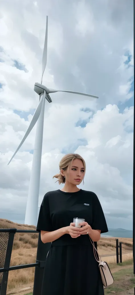 There is a woman standing in front of a wind turbine, Environmental portrait, Photo of a woman in tech clothing, Shot with a Canon EOS R5, Shot with Canon eos r 5, Shot with Sony alpha 9, with earth in the background, Captured from a low-angle, Shot with C...