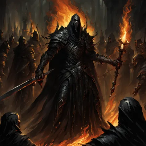 Boethiah appeared before them terrible and resplendent arrayed in ebony darker than a moonless night wielding a blade burning hot, in Phyrexian Horror art style