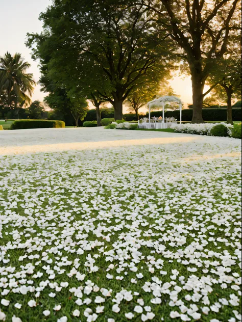 white petals on the grass leading to a white wedding table in the distance, perfect, picture postcard, sunrise,