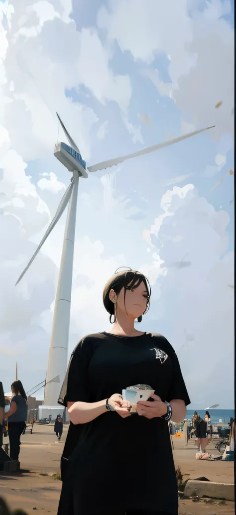 Beautiful woman in black T-shirt with huge windmill under blue sky and white clouds