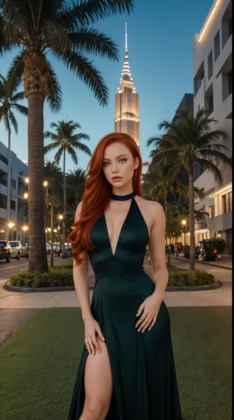 mulher extremamente linda, standingn, ((virada)), on a beautiful street with lots of palm trees and vegetation, ((grass green eyes)), (((perfect eye))), (((redhead))), ((black)) Evening gown, in a stunning setting, skyscraper on the ground in the backgroun...