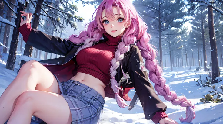 mitsuri kanroji,pose sexy,dressed in sweater,bosque nieve