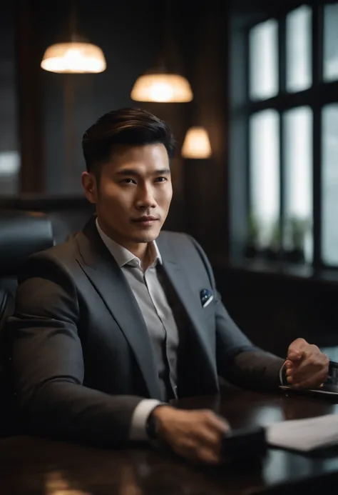 Portrait of businessman in suit sitting behind desk. This Taiwanese man must be handsome and elegant. Picture must be 8K、Behind him you need to see New York、facing the front there、looking at the camera in