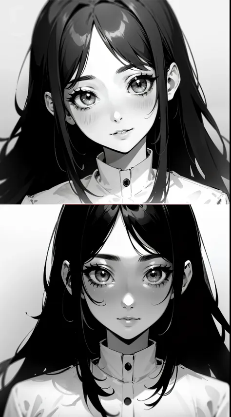 {8k image}, 1beautiful woman, 28 years old, big black hair, looking at the viewer with happiness, {face portrait}, close on face, manga lineart, lineart, no colors, monochrome