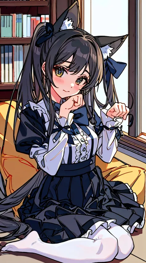 high resolution, erotic cute, cute and erotic appearance, best quality, highres, absurdres, idolmaster idolmaster_cinderella_girls sajo_yukimi commentary english_commentary highres 1girl :3 animal_ear_fluff animal_ears black_bow black_bowtie black_pantyhos...