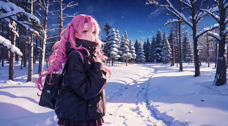 mitsuri kanroji,clothes with sweater,bosque nieve noche