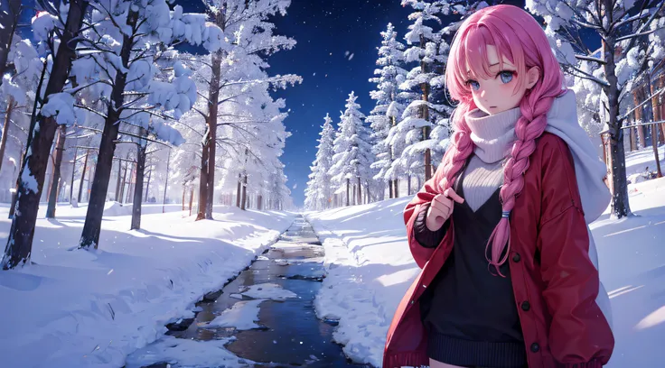 Mitsuri Kanroji,clothes with sweater,bosque nieve noche