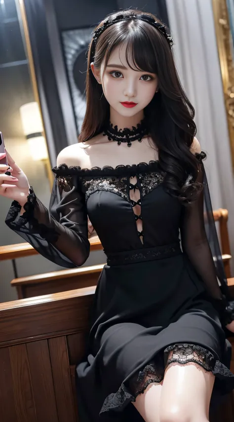 Ultra-detailed、Fascinating beauty、Dainty woman、Cool Girl、Wavy Hair、Black chiffon dress、Wide sleeves、flered skirt、Evil Female Executive、Evil Fall、brainwash、lacy fabric、Glossy legs、black lipstick、Evil look、Suspicious look、Hollow eyes、wicked、Reaching out、Over...