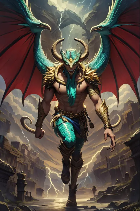 Masterpiece, best quality, {best quality}, {{masterpiece}}, {highres}, anime, 1boy, adult man, attractive, exotic, Quetzalcoatl, Kukulkan, Serpent God, dragon, serpent, flying feathers, plumage, Aztec, gold, gold, thunder, thunder