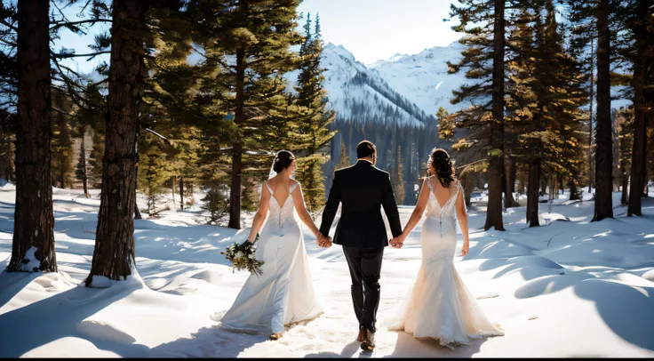 wedding couple, holding hands, by icy lake, walking away from camera, snow on ground, sunshine through trees, dramatic lighting, perfect, looking straight ahead, sexy wedding dress