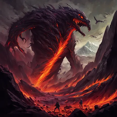 Deadly monsters roam the landscape The climate varies between deadly volcanic eruptions and bitter howling windstorms that scour  And the terrain itself forms a torment of razor-sharp rock knife-edged ridge, and sheer chasms, in nightmare fuel art style