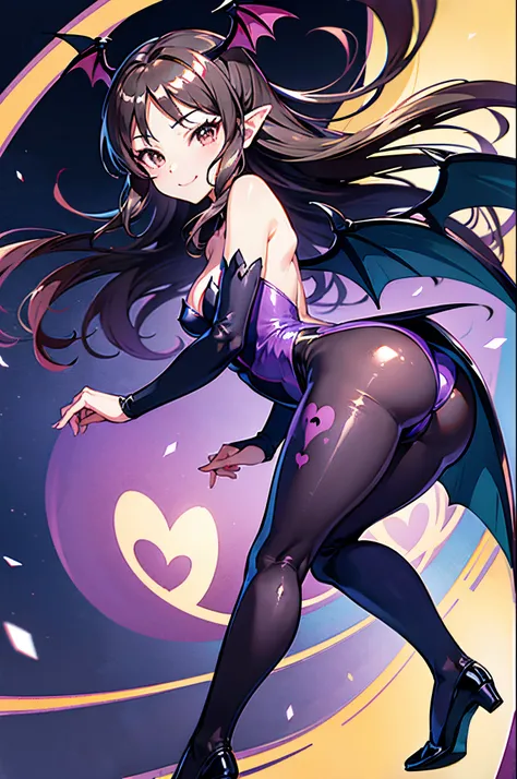 Carefully draw the face　High-quality faces in anime style　Dark hair　Black full body suit　Bat-print purple pantyhose　seductiv　a smile　Morrigan Aensland　Rear view