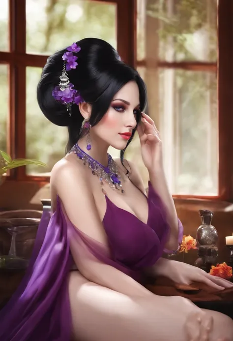 A photo of the character lounging in a luxurious spa, being pampered by massage therapists and beauty specialists.,original,She has long, ebony black hair with purple streaks and red tips, icy blue eyes "like limpid tears" (even when theyve mysteriously tu...