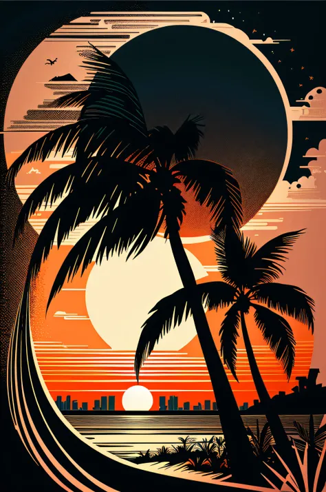 miami beach vector art with spooky black sun