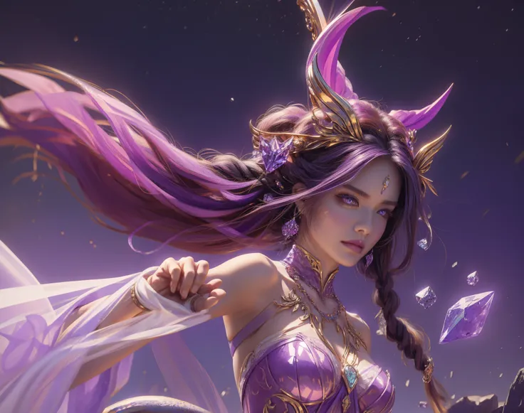 exquisite facial features，White skin of the，slightly furrowed eyebrows，One long hair、Woman in purple dress posing in front of purple background, 8K high quality detail art, Very detailed ArtGerm, twelve zodiac knight avatar, Keda, 8k artistic german bokeh,...