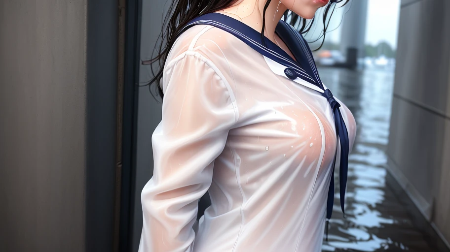 A woman in a sailor suit wet from the rain