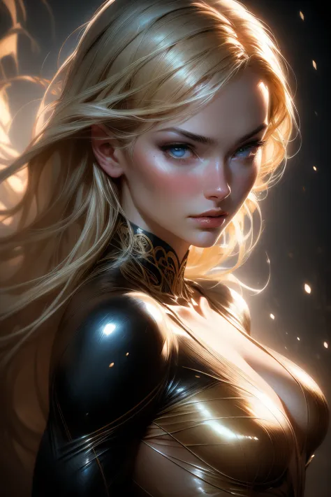 Best quality, masterpiece, ultra high res, (photorealistic:1.4), raw photo, 1women, blonde hair, blue eyes, detailed eyes and face, black suit, dynamic lighting, in the dark, deep shadow, low key, cowboy shot full-lenght body, trending in artstation, stanl...