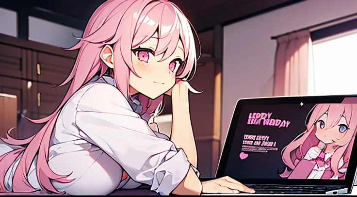 woman, birthday, light pink hair, light pink eyes, shy face, full body, laptop