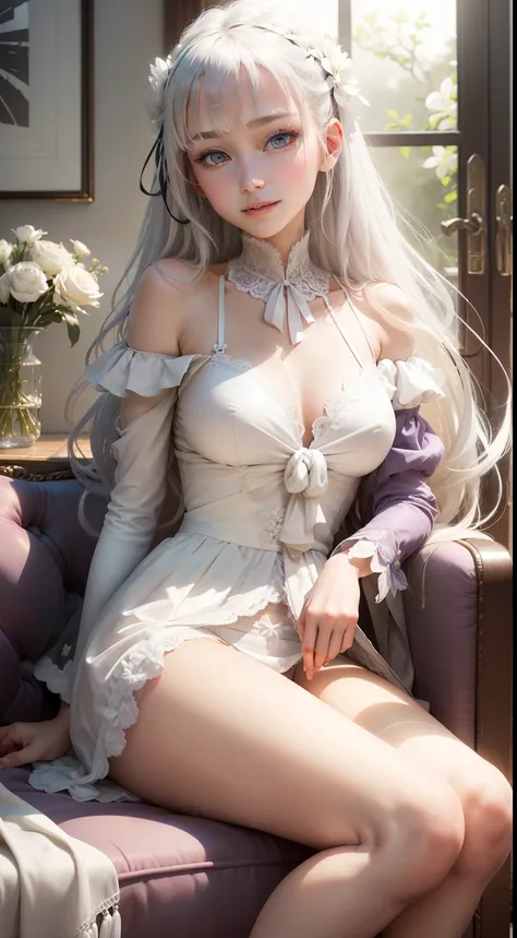 masutepiece, Superb Piece, Daytime, Indoor，sit a chair, Falling flowers, White Dress, 1 girl, A perfect woman, Woman with silver and white long hair, gray blue eyes, pale pink lips, Cold, Serious, Bang, Purple eyes, White clothes, black closing line, Delic...