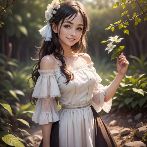 Best quality, masterpiece, ultra high res, (photorealistic:1.4), raw photo, 1girl, off shoulder dress, smile