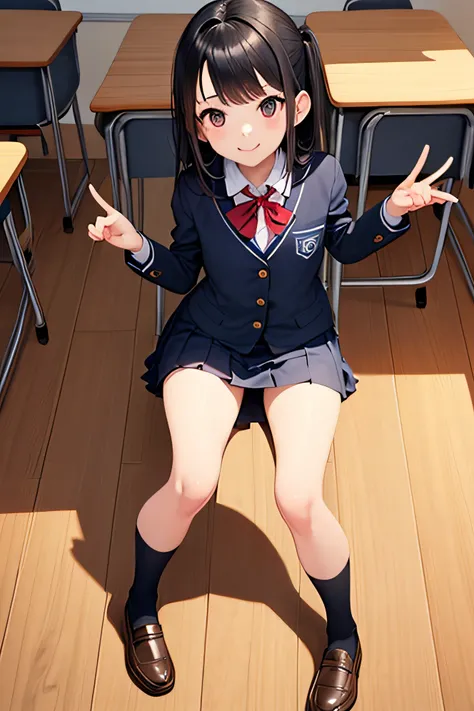 superfine illustration, Perfect Anatomy, Best Quality, Hires, amazing shading, Beautiful skin, 1 little girl, School Uniforms , Full body, A smile、In the classroom of  the school、the pose、行走