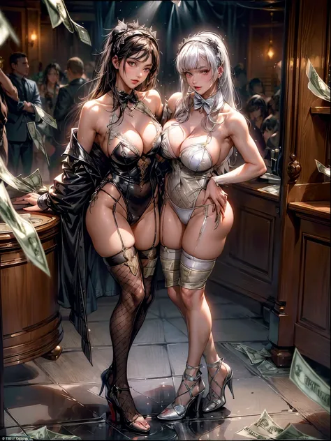 (((2 women posing together, arms around each other, centered in frame, playboy bunnysuit, smiling, looking at the viewer))) (2 women, full body, (Yor Forger) and (saeP5), 1 with (black hair) and 1 with (white hair)), (both women, black bunny suit, bunny ea...