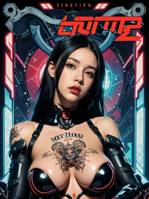 Rated R, nsfw, sexy female cyborg, magazine cover, poster art , Lovecraftian horror tattoos, hint of vibrant, bold huge text, matted design layout.