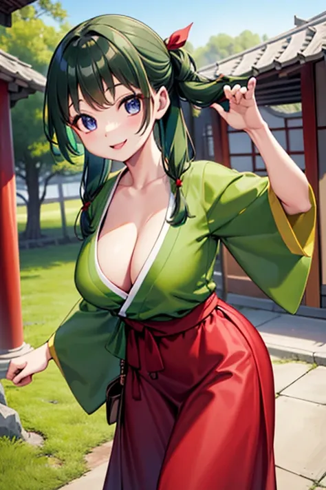 Best Quality, masutepiece, 1girl in, (Solo:1.1), 光线追踪, ultra-detailliert,Detailed face, 8K Wallpaper, Smile, Maomao_NDV, 1girl in, (Green hair:1.1), medium breasts, Long hair, Purple-blue eyes, Japan clothes,  plein air, Long skirt, Long cleavage, Green ki...