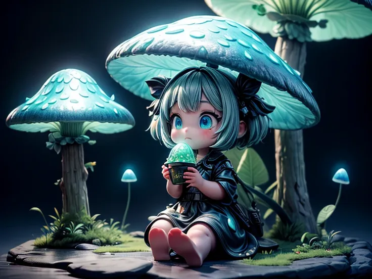 a girl sit and eat lunch in a bioluminescent mushroom forest, realistic, cinematic light, (best quality,4k,8k,highres,masterpiec...