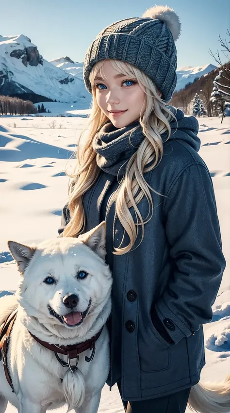 25-year-old Caucasian woman、platinum-blonde、blue eyess、Semi-long、My hair is wavy、a smile、My abs are cracked、a smile、slim muscular body、I don&#39;t want my head to disappear from the screen.、He&#39;s wearing winter clothes like an Eskimo.、Being in a snowy f...