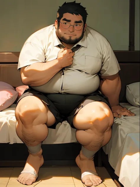 ​masterpiece,top-quality, ‎8k, nursery in japan, fat uncle is sitting and M legs on bed, hands holed pee, geezer, Short legs, bowleg, bare legs, wearing a short sleeve and white fitted low rise briefs, shy, Fat Man, glasses, Black-haired man, Man with big ...